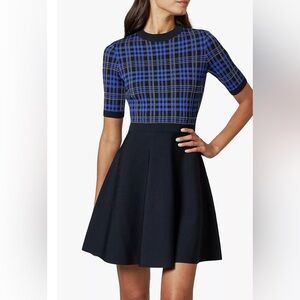 Ted Baker Nilar Knitted Check Skater Dress plaid blue top solid black bottom